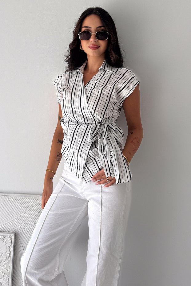 Women's Striped Double Breasted Blouse with Tie Detail Short Sleeve Shirt Blouse