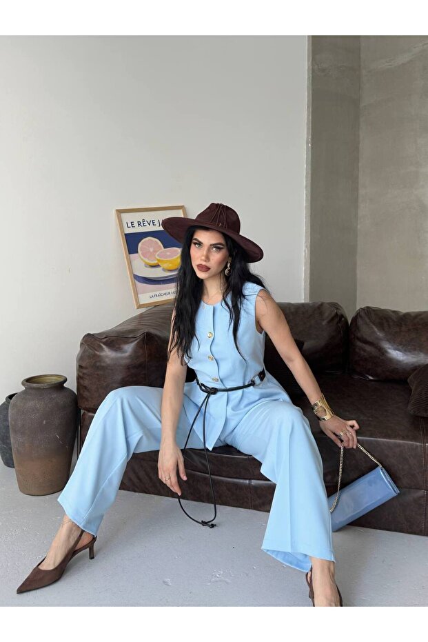 Women's Buttoned Belted Vest and Palazzo Pants Two-Piece Set