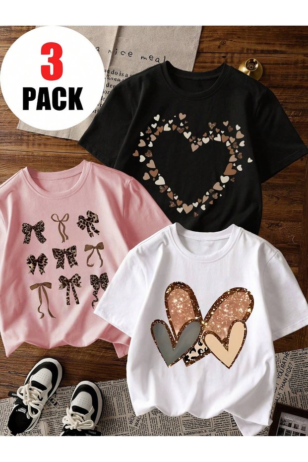 Printed Black - White - Pink 3-Piece Children's T-Shirt 100% Cotton Short Sleeve Knitted Crew Neck