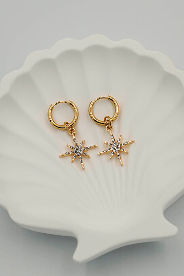 Gold Polar Star Dangle Hoop Earrings