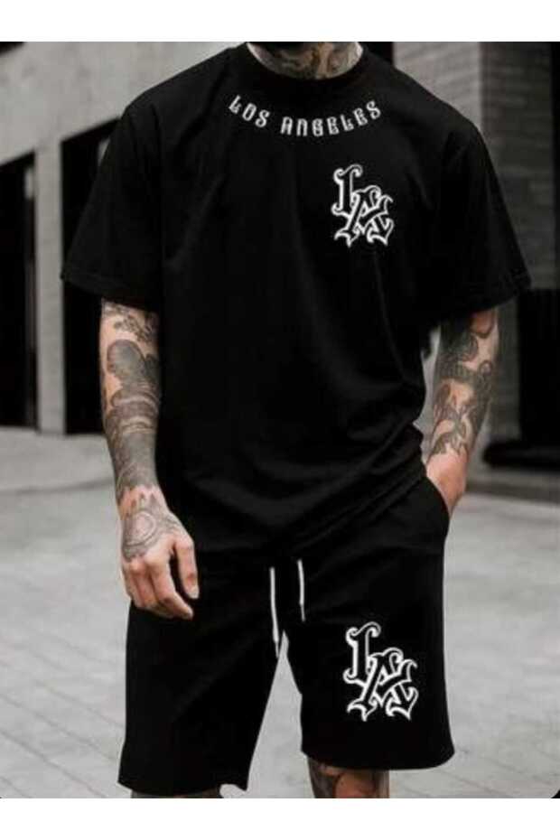 Los Angeles Boyun Printed 100% Cotton Short Sleeved Summer Plus Size Men's Shorts Set
