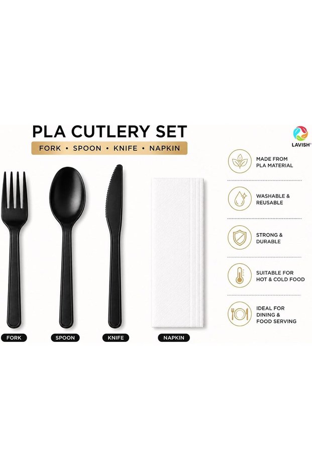 Black PLA Cutlery Set with Napkin, Pack of 10, Reusable Fork Spoon Knife Combo for Parties, Travel, Catering, Picnic & Food Serving Use