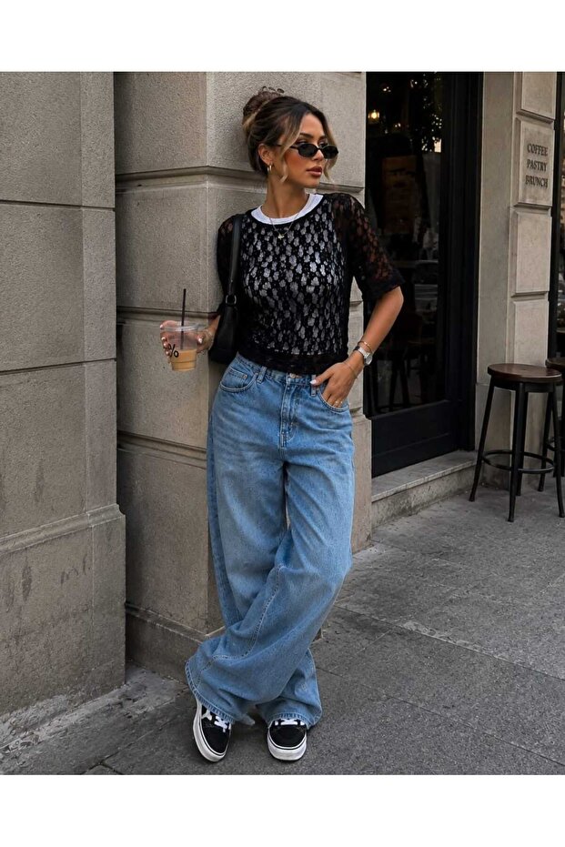Women's Openwork Lace Detailed Crew Neck Loose Short Sleeve Summer Double Blouse