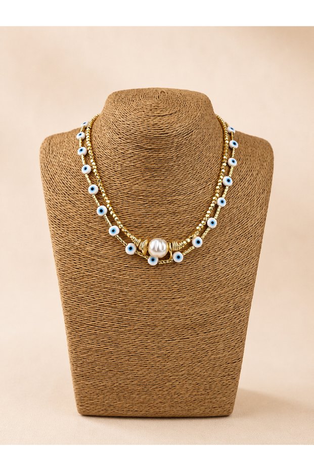 Eyes Double Evil Eye Figured Gold Color Multiple Combination Necklace Set (Can Be Used Separately)