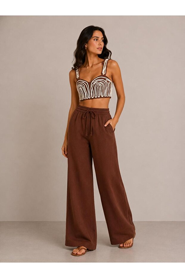 Ethnic Patterned Bustier and Wide-Leg Pants Two-Piece Set 2035