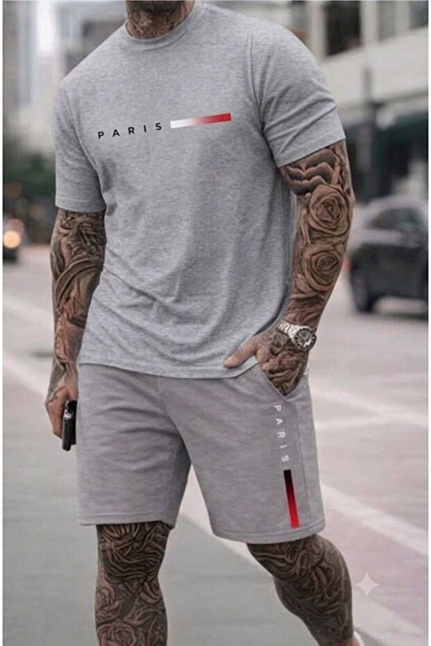 T-Shirt Shorts 2-Piece Combination Thin Summer Thin Paris Printed Women's / Men's Unisex Model