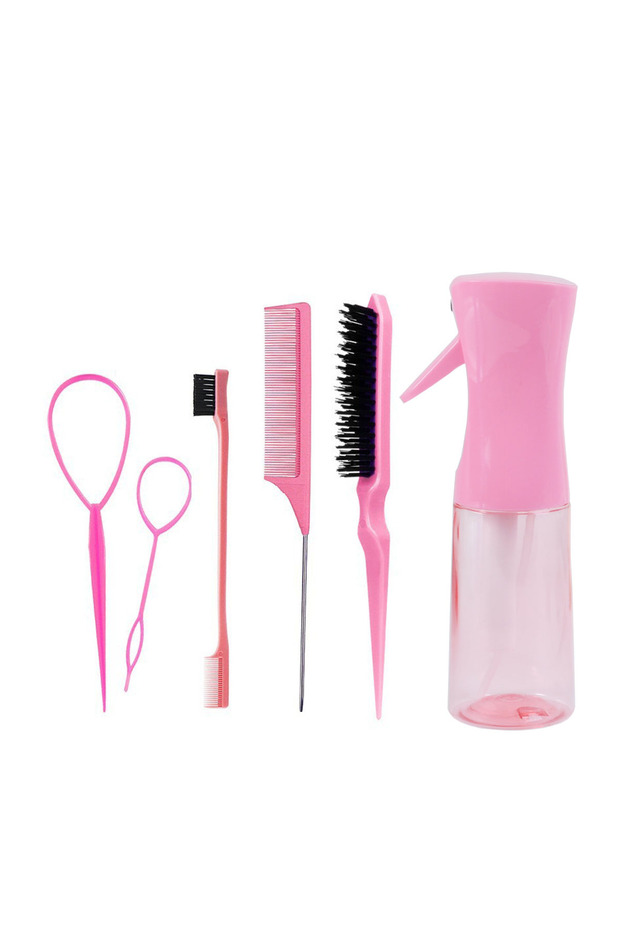 Pink 6-Piece Hair Styling Comb Set, with Continuous Spray Bottle, 200ml Brush, Rat Tail Comb, Edge C