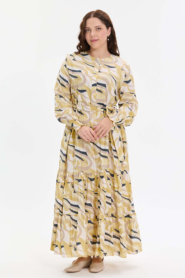 Patterned Belt Detailed Comfortable Fit Women's Dress