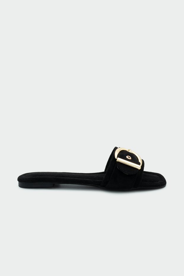 Rios Suede Gold Buckle Detailed Women's Black Suede Flat Slippers