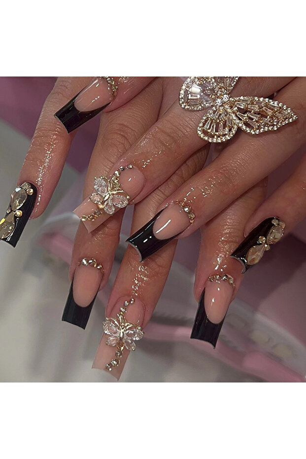 1837 24Pcs Medium Square 3D Alloy Butterfly With Rhinestone Design Black French Tip Press On Nails L
