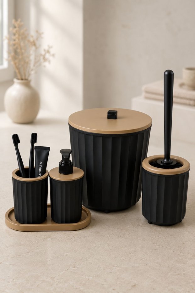 5 Piece Bathroom Set Modern Striped Design | Trash Can | Toilet Brush | Organizer | Liquid Soap Dispenser | Toothbrush Holder