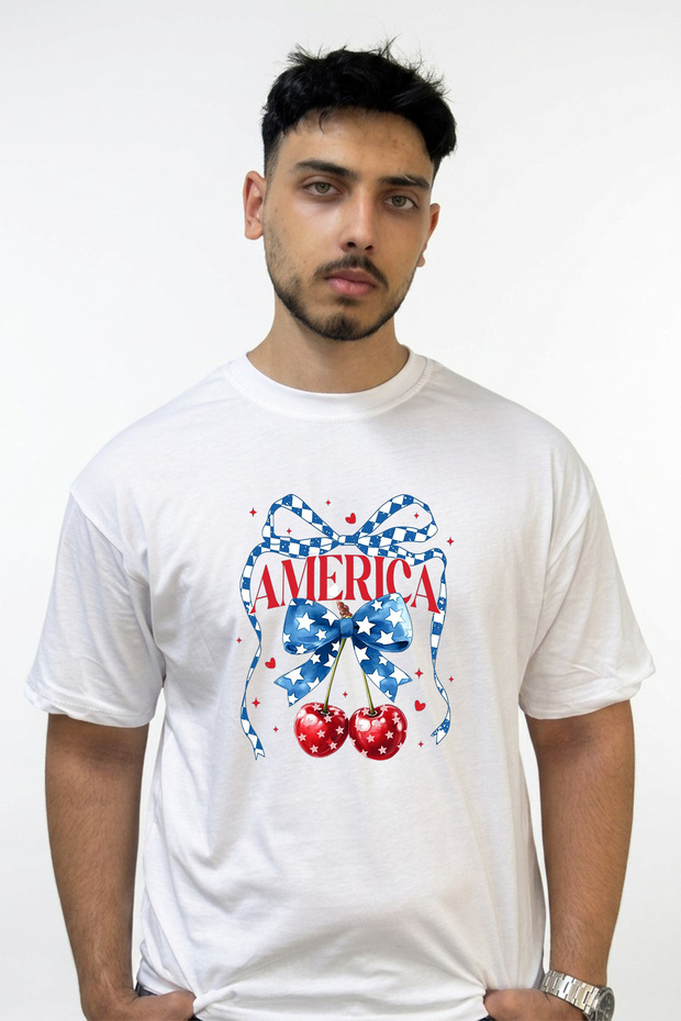 America Cherries Design Printed Oversize White T-Shirt
