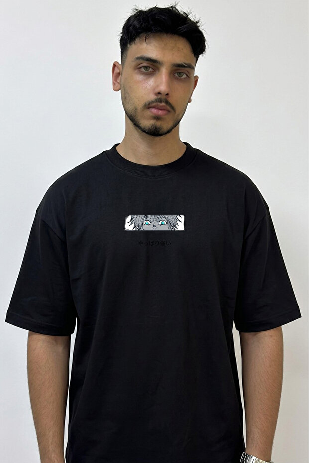 Gojo Satoru_77 Design Printed Oversize Black T-Shirt