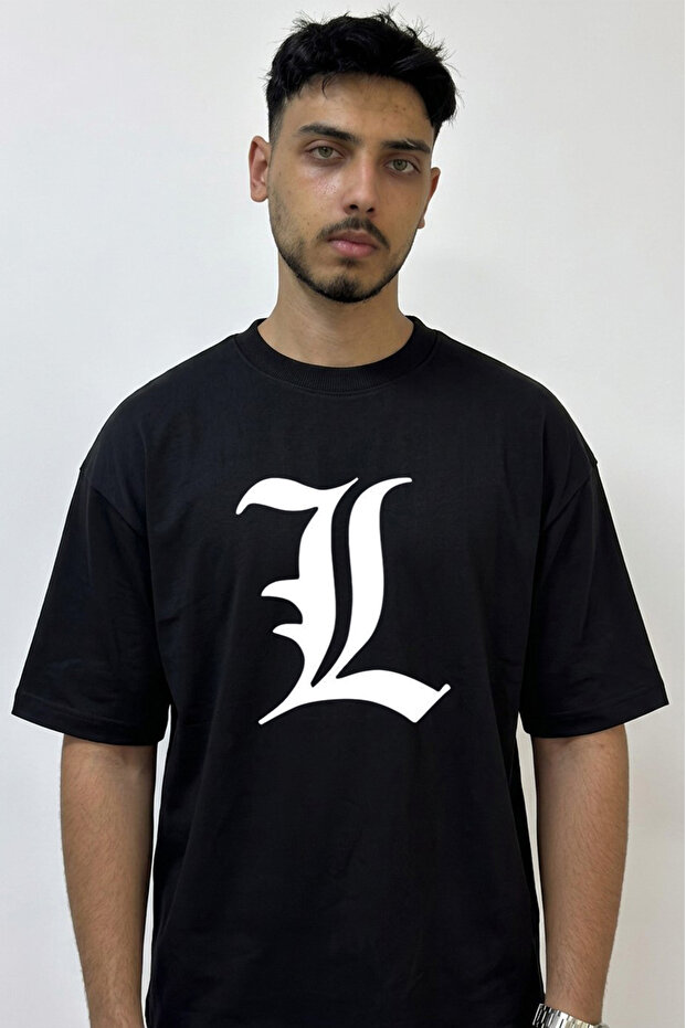 L Death Note Design Printed Oversize Black T-Shirt