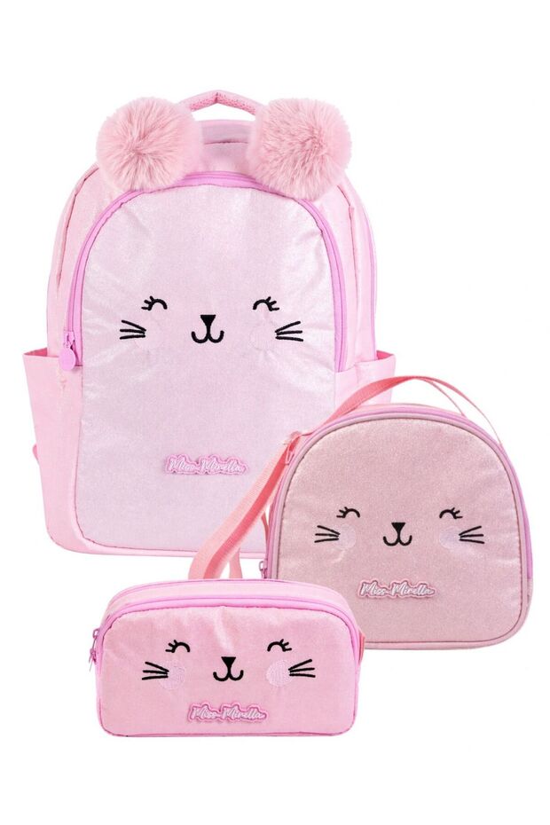 Girl's Triple Primary School School Bag Set - Cat Printed (Pink) - Setmm26056A