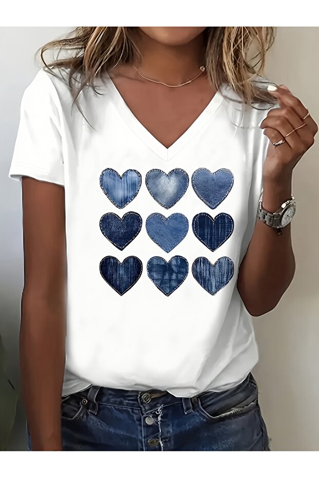 Women's Heart Printed V-Neck Sleeves Regular Fit Comfortable T-Shirt