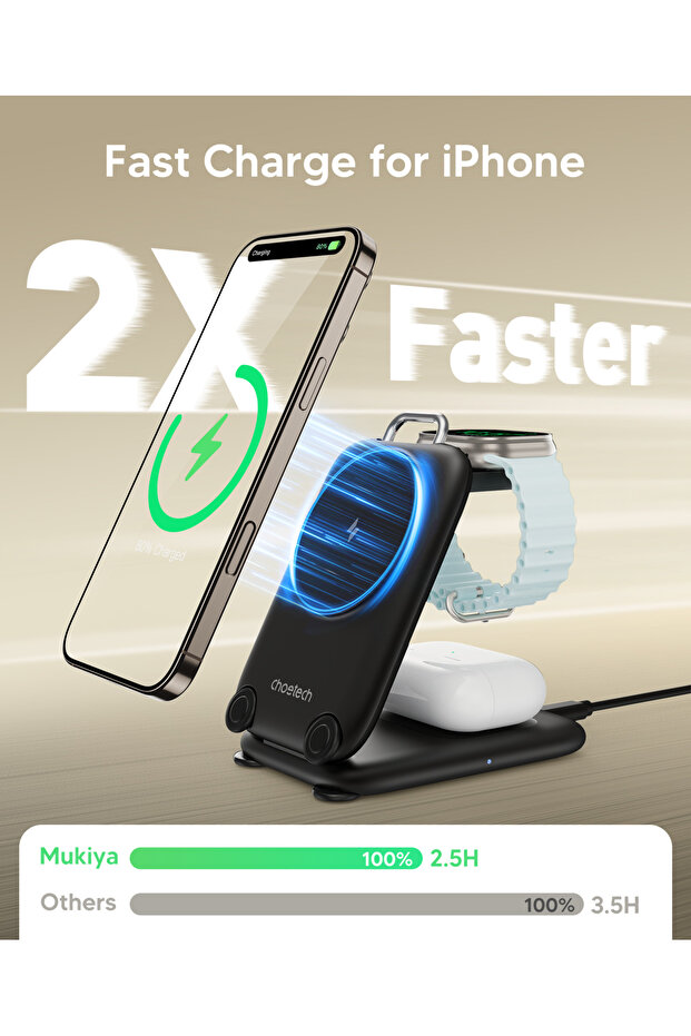 T816-F 3-in-1 Magnetic Wireless Charging Stand, Foldable Travel Charger