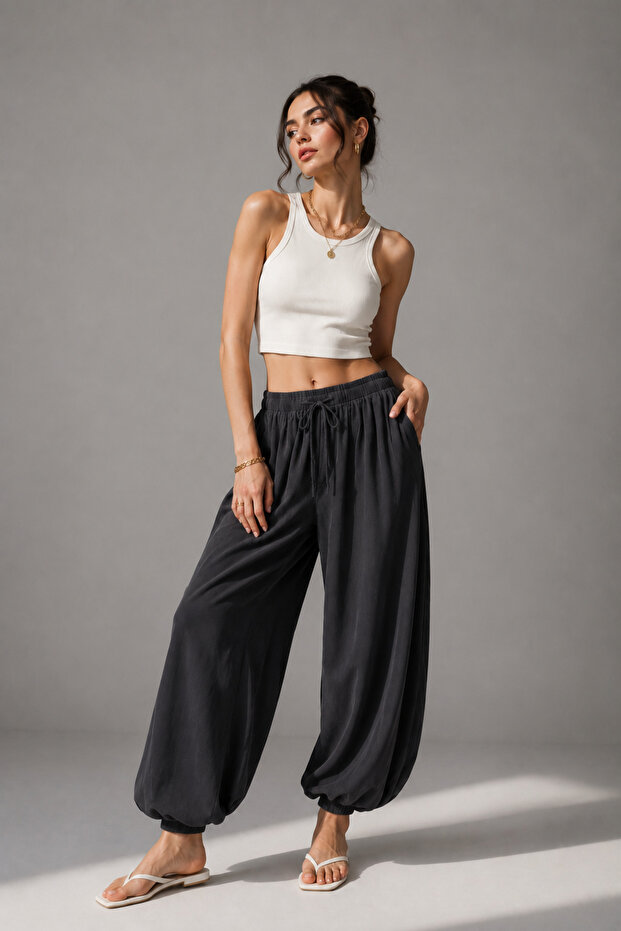 Women's Black Modal Fabric Flowy Shalwar Trousers