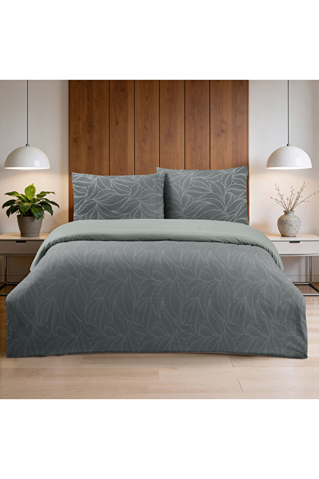 Leaf line double 100% cotton ranforce duvet cover set anthracite (3 pieces) 200x220 anthracite