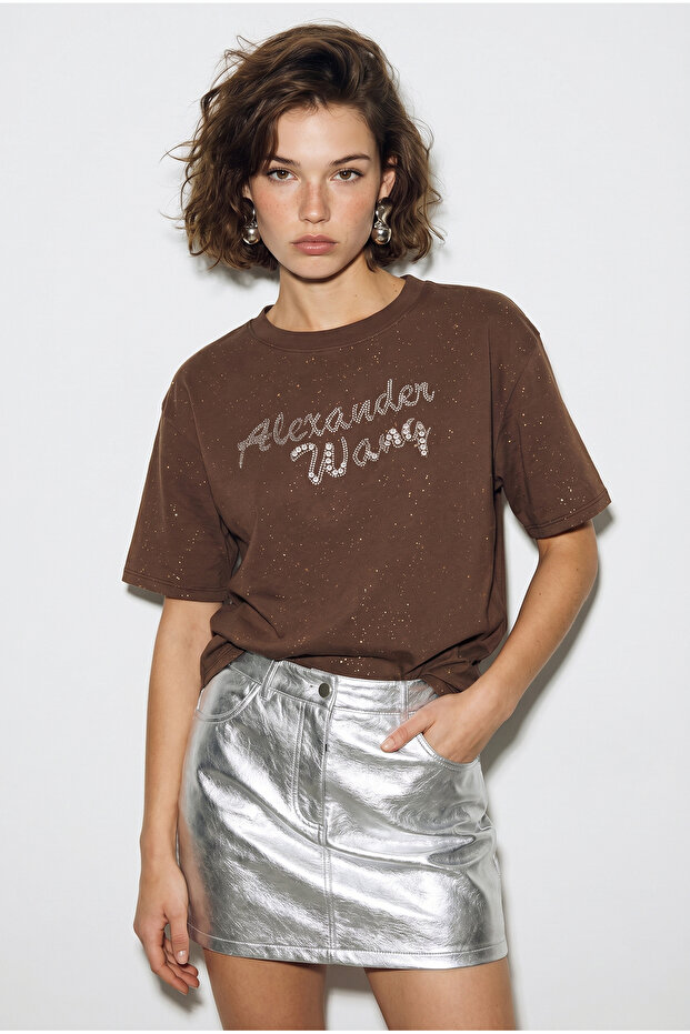 Women's Bitter Brown Glitter Stone Lettering Printed Crew Neck Oversize Basic T-Shirt 2244 60286376