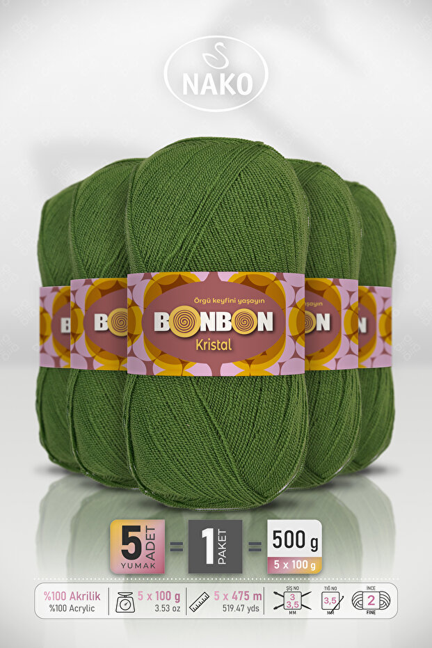 Crystal • Green (98235) - 5-Pack X 100Gr/475M - Fine Yarn for Hand Knitting - Shawl Blouse Yarn