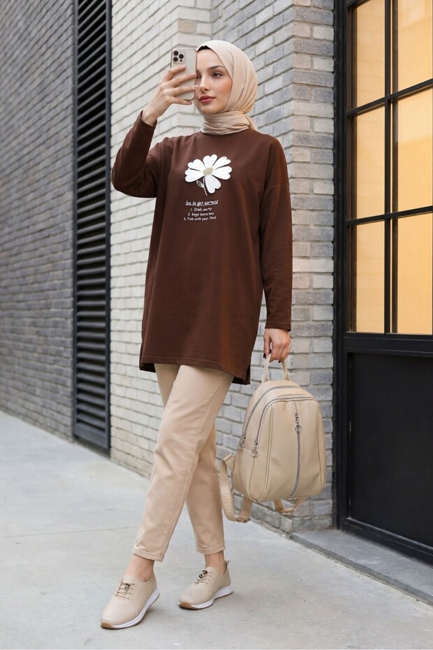 Floral Embroidered Crew Neck Combed Cotton Tunic - Brown