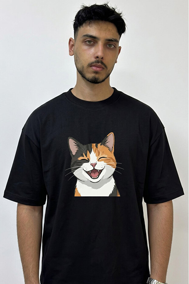Calico Laughing Cat Design Printed Oversize Black T-Shirt