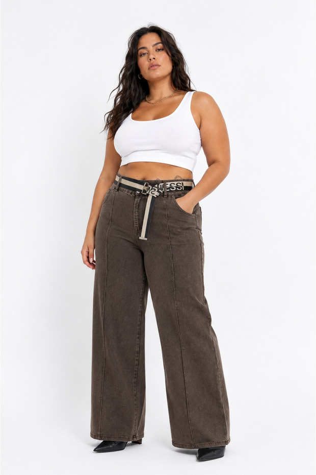 Plus Size Denim Belted High Waist Wide Leg Women's Trousers