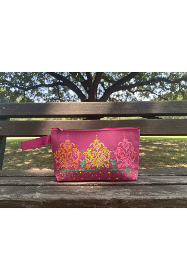 Pink Damask Hand-Painted Canvas Pouch