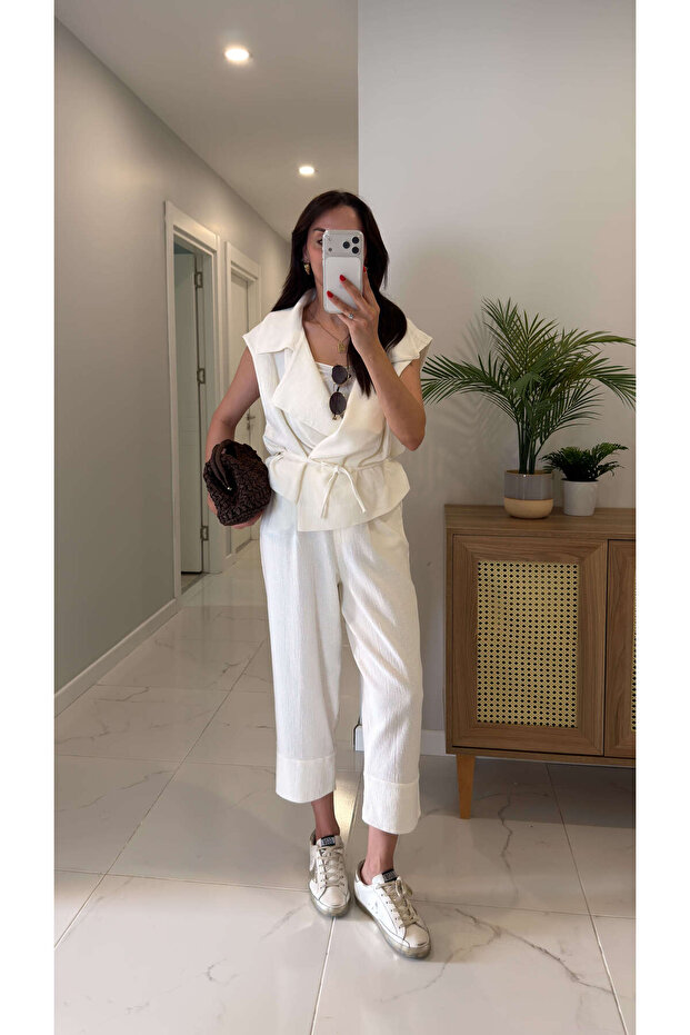 Siteros Ecru Linen Vest and Trousers Set