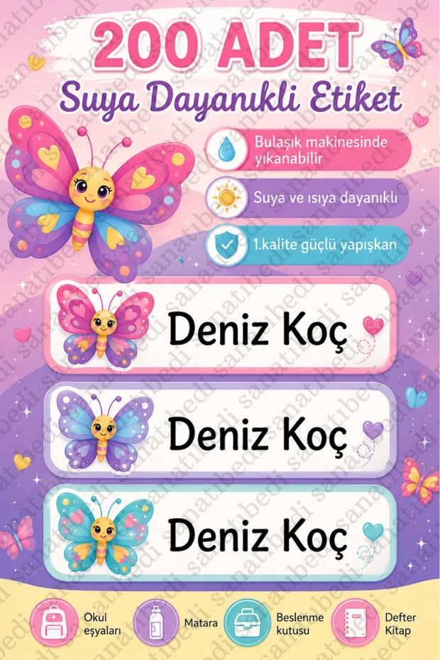 200 Pieces of Waterproof Butterfly School Labels - Stickers for Books, Notebooks, Pens, Water Bottles