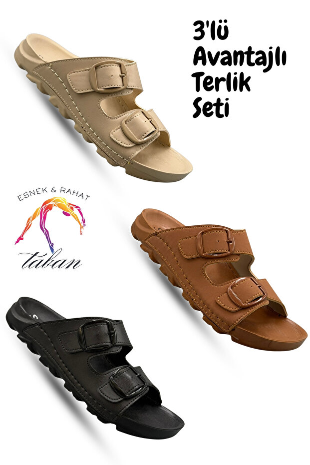3-Piece Women's Slipper Set – Comfortable Women's Slippers with Adjustable Double Buckle