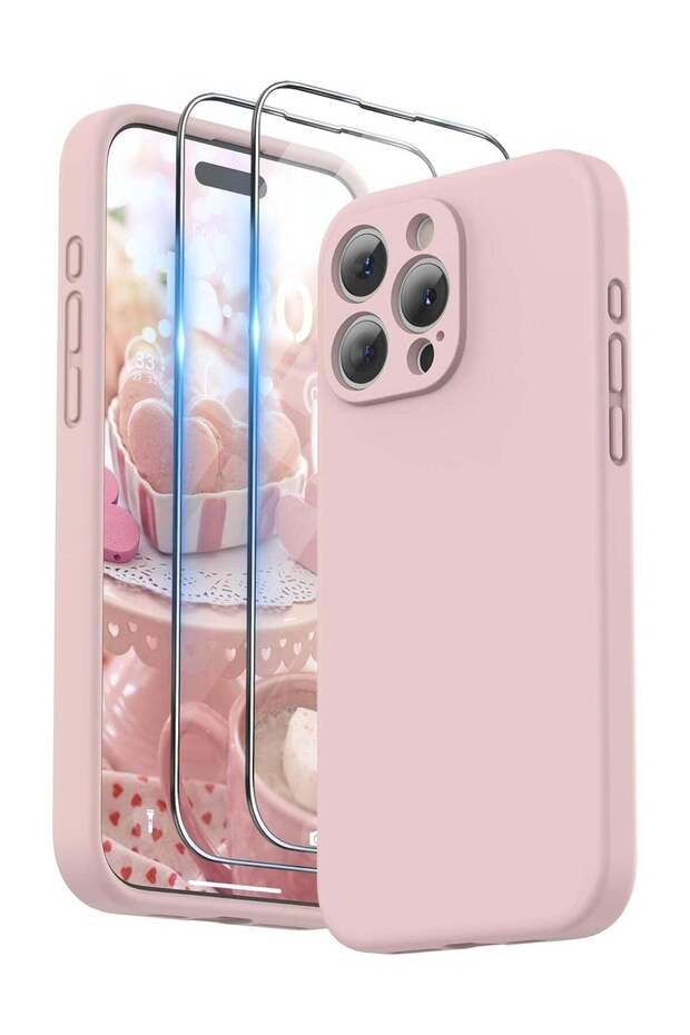 Liquid Silicone Case for iPhone 15 Pro Max with 2 Screen Protectors & Lanyard, Pink Sand