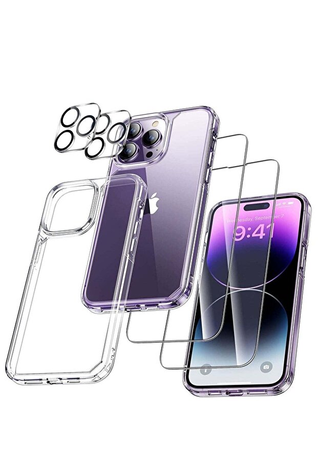 [5 in 1] uniqueMe Designed for iPhone 14 Pro Max Case with 2 Pack Tempered Glass Screen Protector 2pcs Camera Lens Protector [Military Grade Protection] Shockproof Slim Thin Anti-Scratch Kit