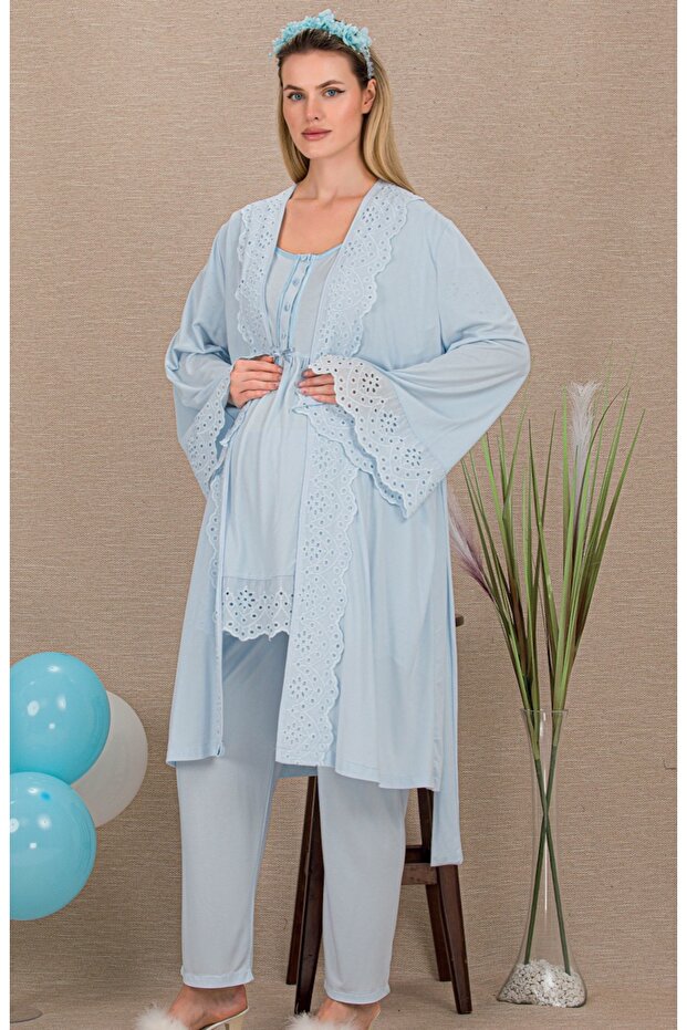 Buttoned Collar, Guipure Detailed, Short Sleeved, Stylish Maternity & Postpartum 3-Piece Pajama Set
