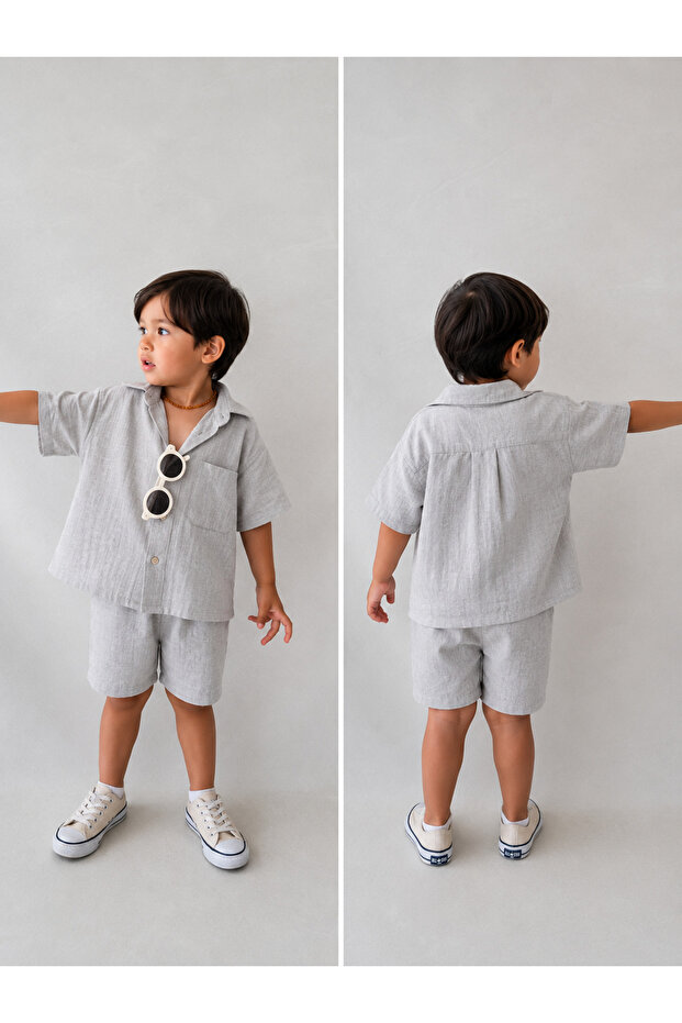 Unisex Children's Linen Shirt Shorts Set Oversize Summer Two-Piece Set 2-16 Years
