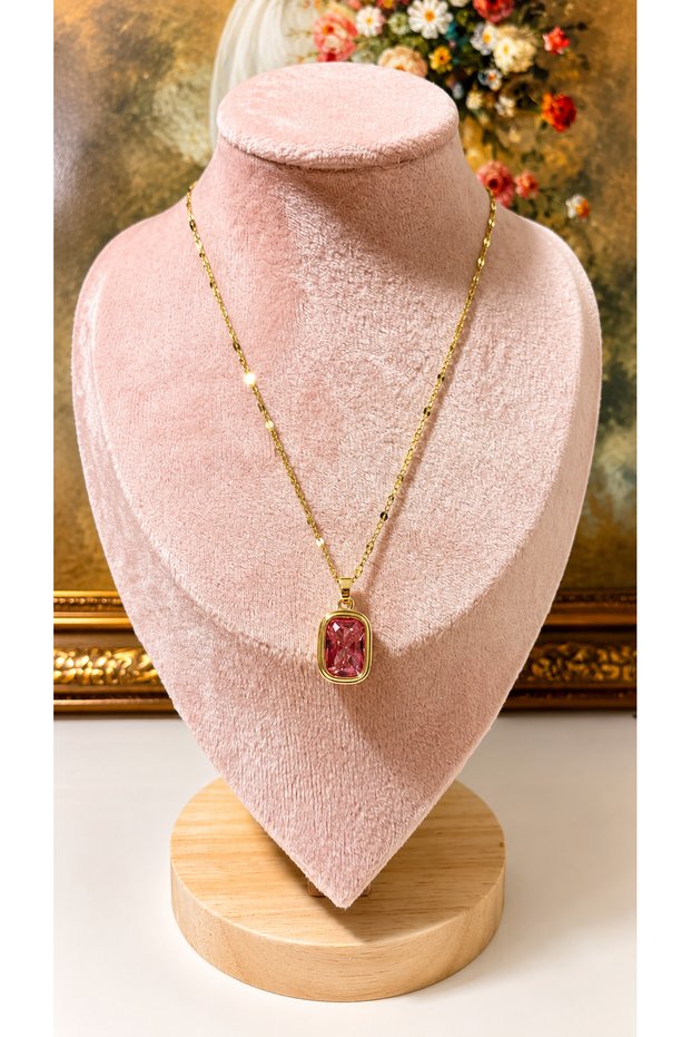 Pink Baguette Stone Gold Color Chain Necklace
