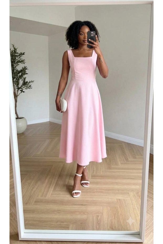 Women's Square Neck Sleeveless Midi Dress with Bow Detail on the Back