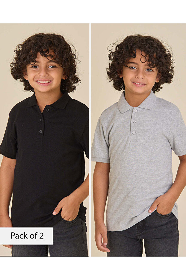 Boys Grey Melange & Black Polo T-Shirts (Pack Of 2)