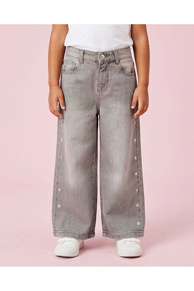 Girls Grey Embellished Wide Leg Jeans