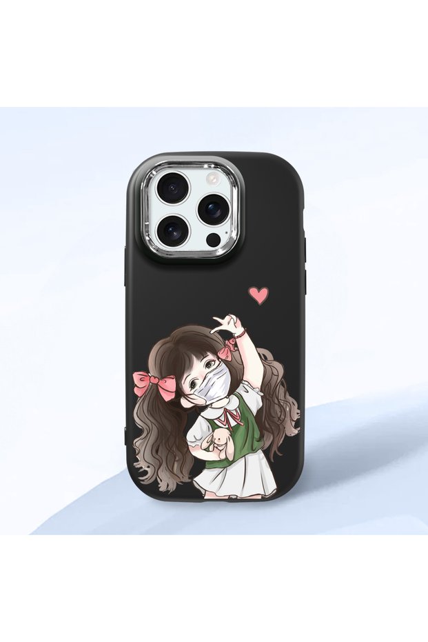iPhone 16 Pro Max Compatible Case with Camera Protection Black Silicone Couple Phone Case with Girl Pattern