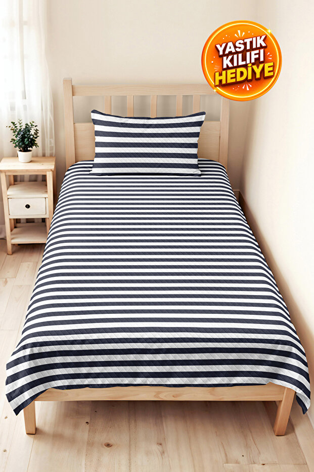 Striped Navy Blue Youth Room Single Pique Set - Modern White 160X220 cm Quilted Bedspread