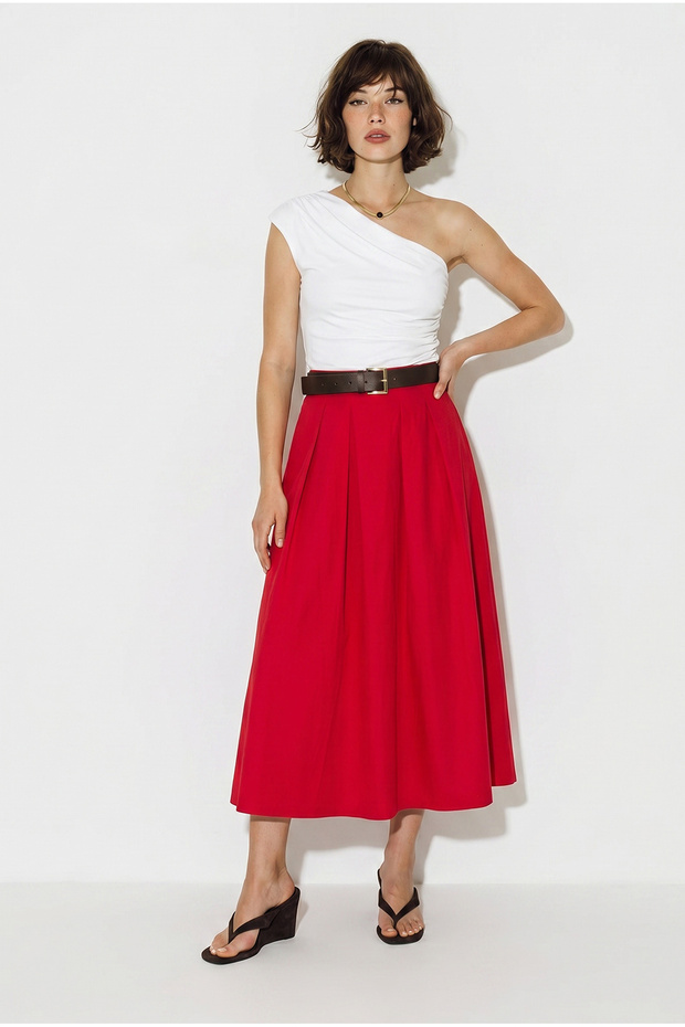 Women's Red Belted High Waist Pleated Detailed A-Line Maxi Skirt De261038 60286361