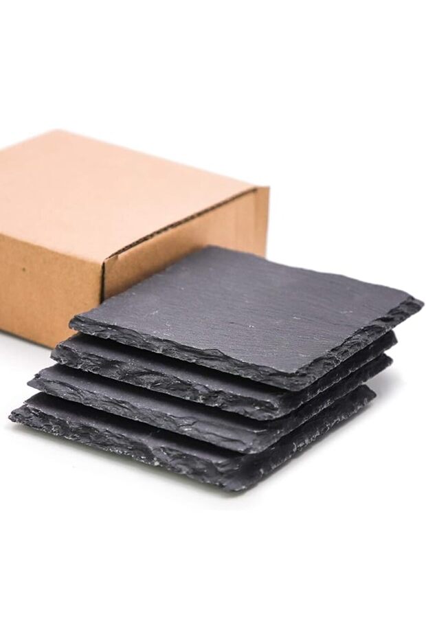 Slate Stone Coasters Set, 4 Pieces, Black, 3.93in