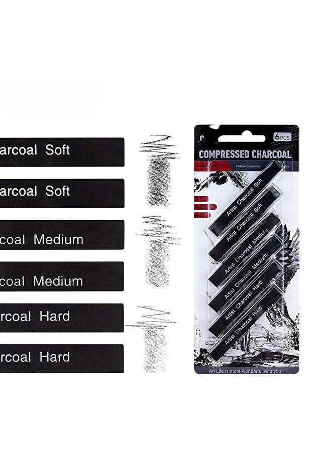 6-Piece Graphite & Compressed Charcoal Pencil Set, Soft, Medium & Hard for Precise Sketching & Shading