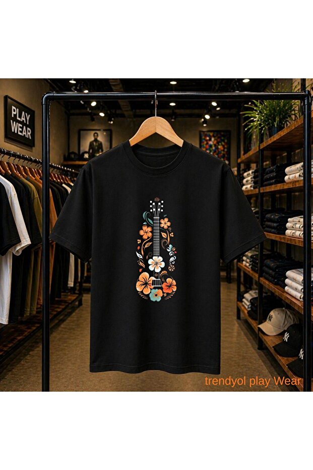 Flower Pattern Guitar Printed 100% Cotton Oversize Loose Regular Fit Crew Neck T-Shirt