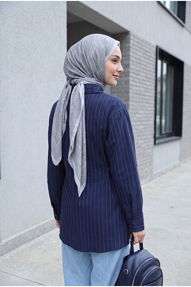 Striped Buttoned Modal Tunic with Side Laces - Dark Blue
