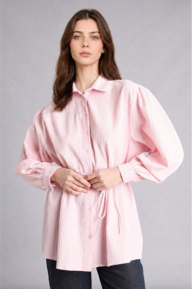 Relax Fit Wrinkled Textured Fabric Long Sleeve Light Pink Tunic H7714Ax26Hs