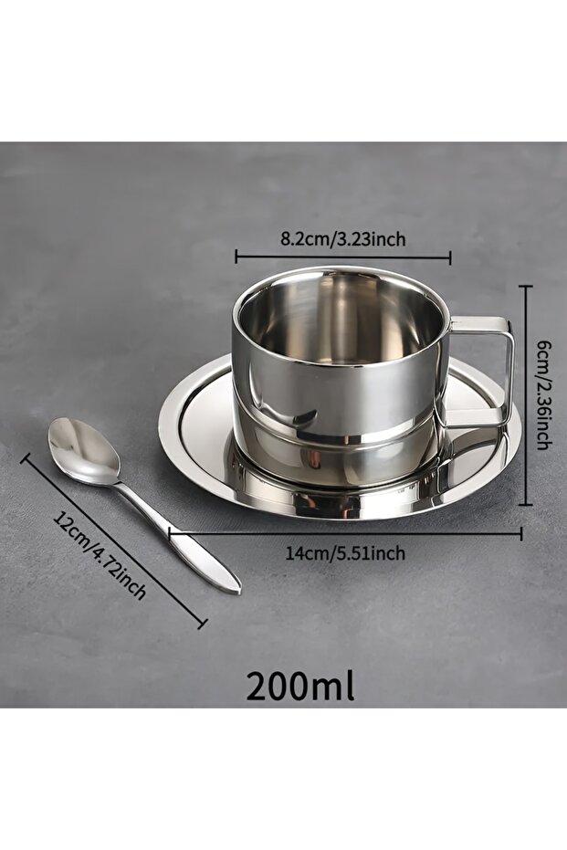 200ml 1 Set of 304 Stainless Steel Tea Cup Set with Spoon and Saucer, Coffee Cup and Tea Cup, Suitab