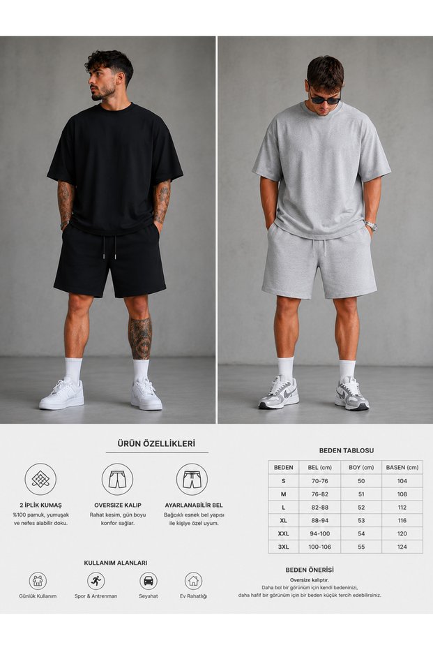 2-Piece Shorts for Men (Black-Grey) Summer Wide Fit Oversize Washable Fabric Anti-Sweat